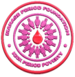 Manage Period Foundation circular logo featuring pink human figures surrounding a red menstrual drop with the slogan “Kick Period Poverty” on a transparent background.